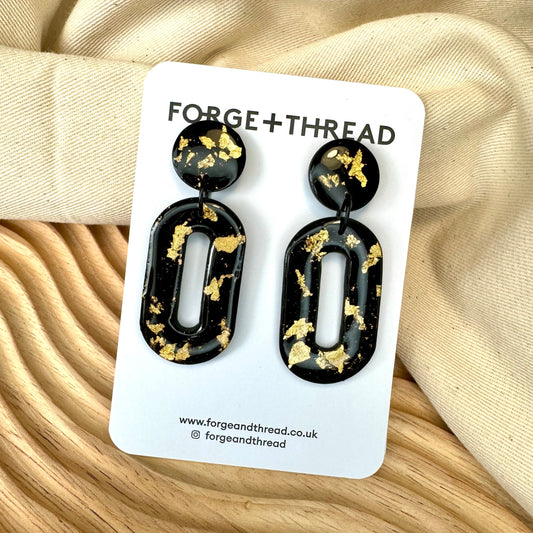 GOLD & BLACK OVAL DROP EARRINGS