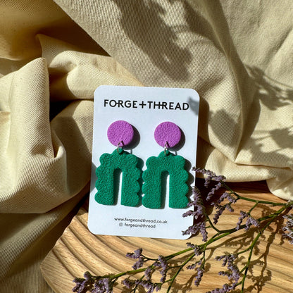 GREEN & LILAC TEXTURED SCALLOPED ARCH EARRINGS