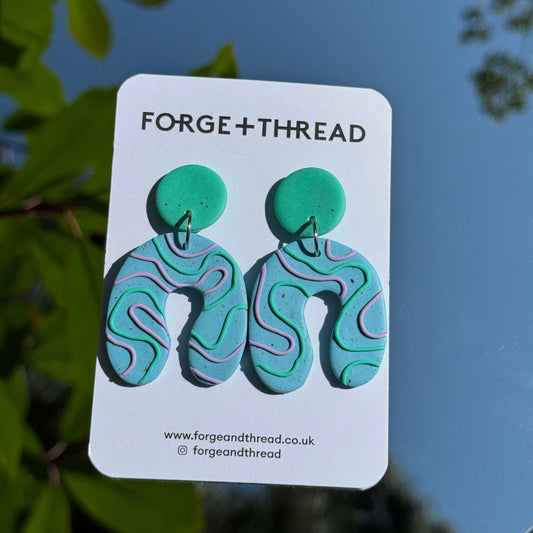 TURQUOISE WIGGLE TEXTURED WONKY ARCH EARRINGS