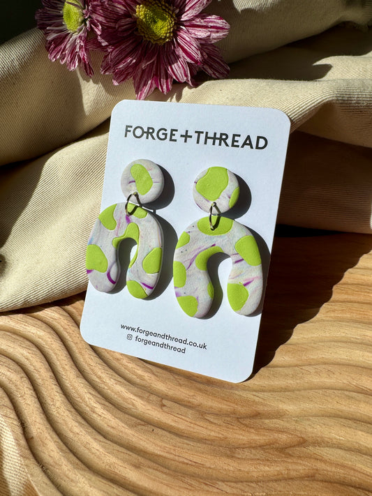 GREEN COW PATTERN WONKY ARCH EARRINGS